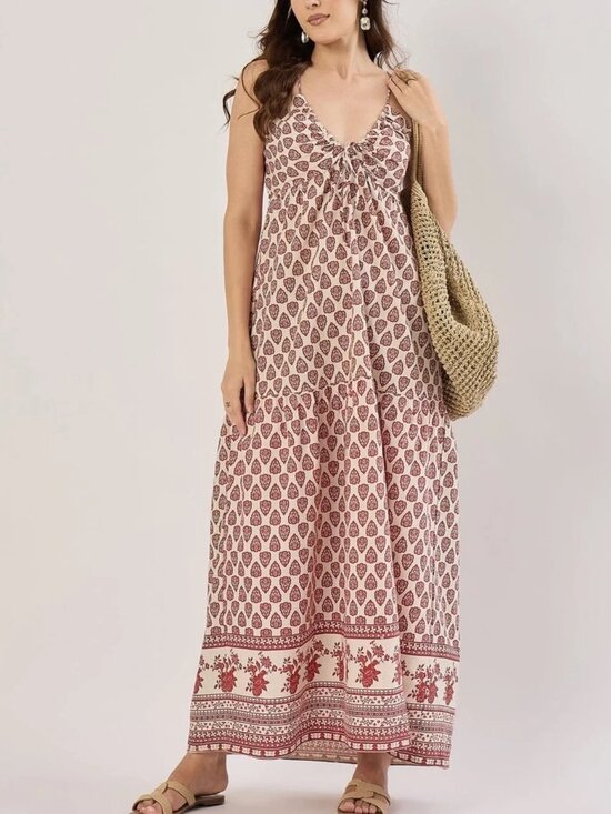 Sim & Sam Dresses & Skirts - Sim & Sam - RUST BORDER SL HALTER V NECK LINEN BLEND